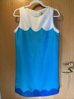Sleeveless Colorblock Midi Dress in White/Teal/Blue - Size 12